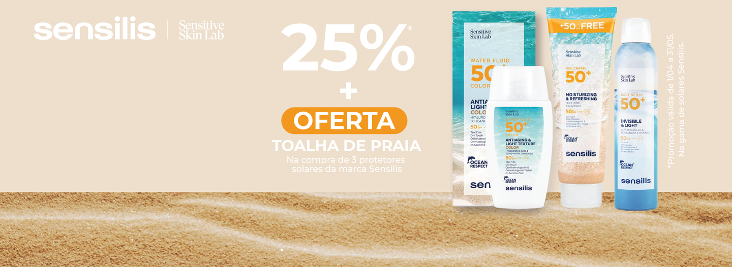 Campanha Solares Sensilis, de 25% desconto e oferta de um saco de praia na compra de 3 unidades